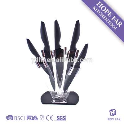 1100025 black color blade non-stick knife set with acrylic stand kitchen carving knives set